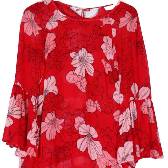 Tops - InWear Women's 8 Red Tunic Blouse Top Floral Crepe Bell Sleeves Tie Back Shirt